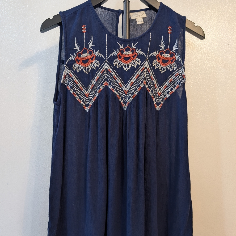 St. John’s Bay Navy Blue Embroidered Boho Blouse - Red & White Details - Size M